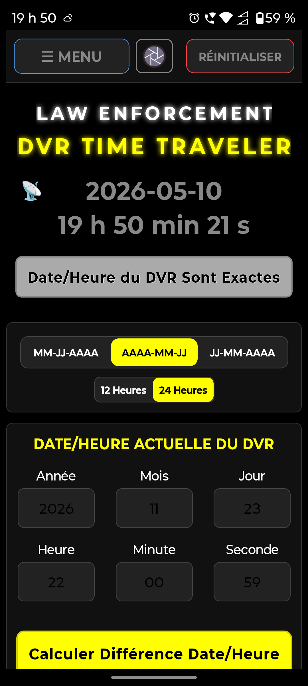 Écran d'accueil de l'application affichant le calculateur principal