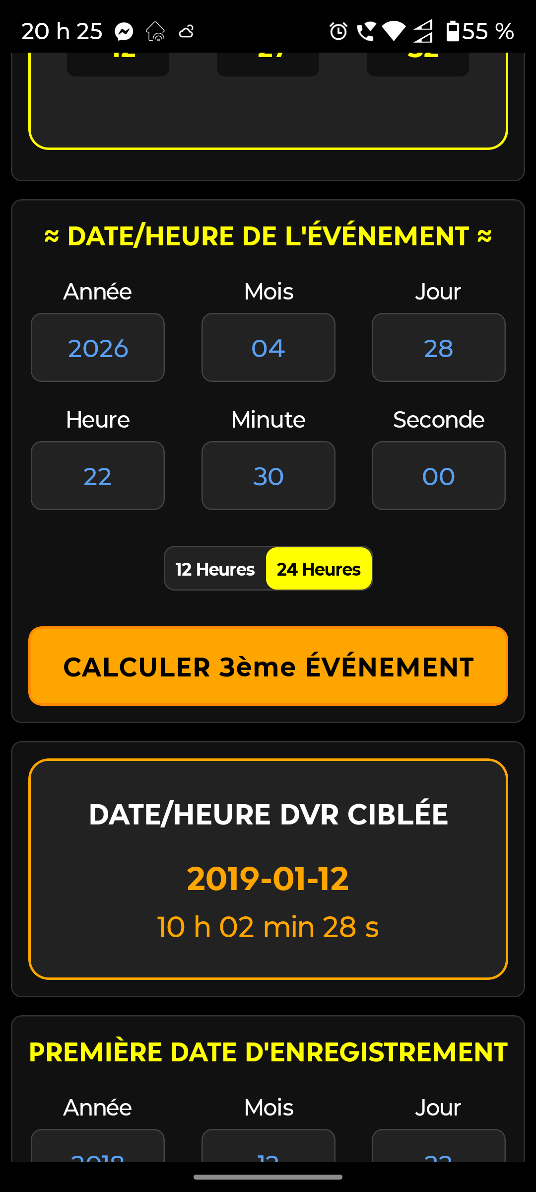 Calculateur en mode 2ème événement montrant le bouton orange
