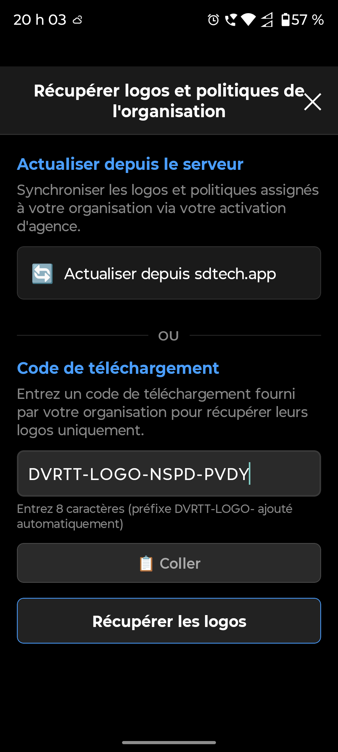 Modal Récupérer les logos d'organisation avec champ de code