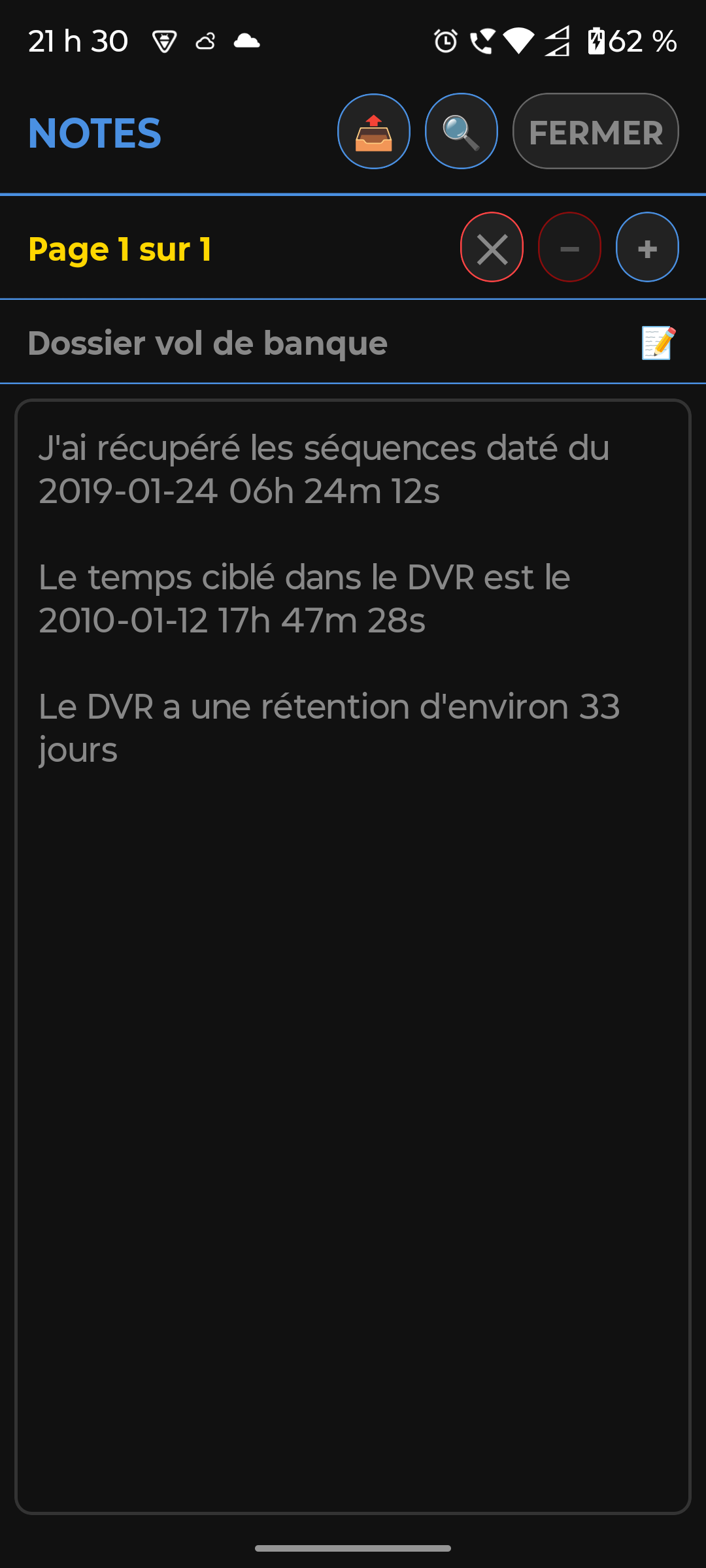 Page Notes avec texte, indicateur de page et barre de recherche