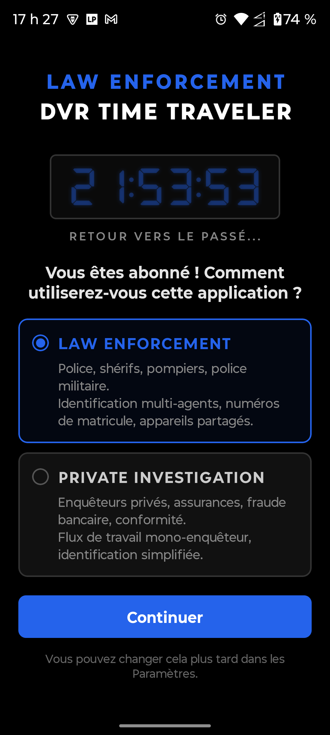 Sélecteur Mon rôle — Forces de l'ordre sélectionnées