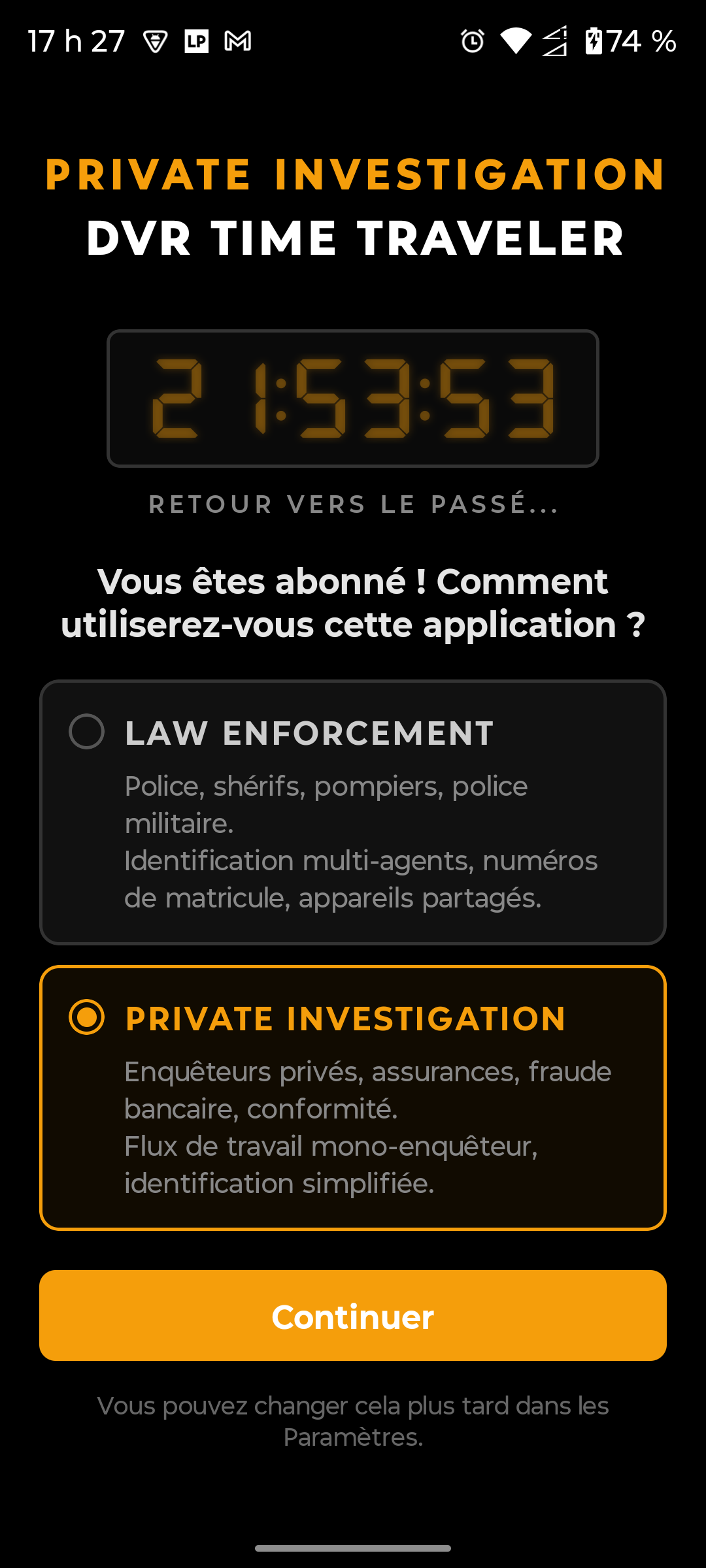 Sélecteur Mon rôle — Enquête Privée sélectionnée